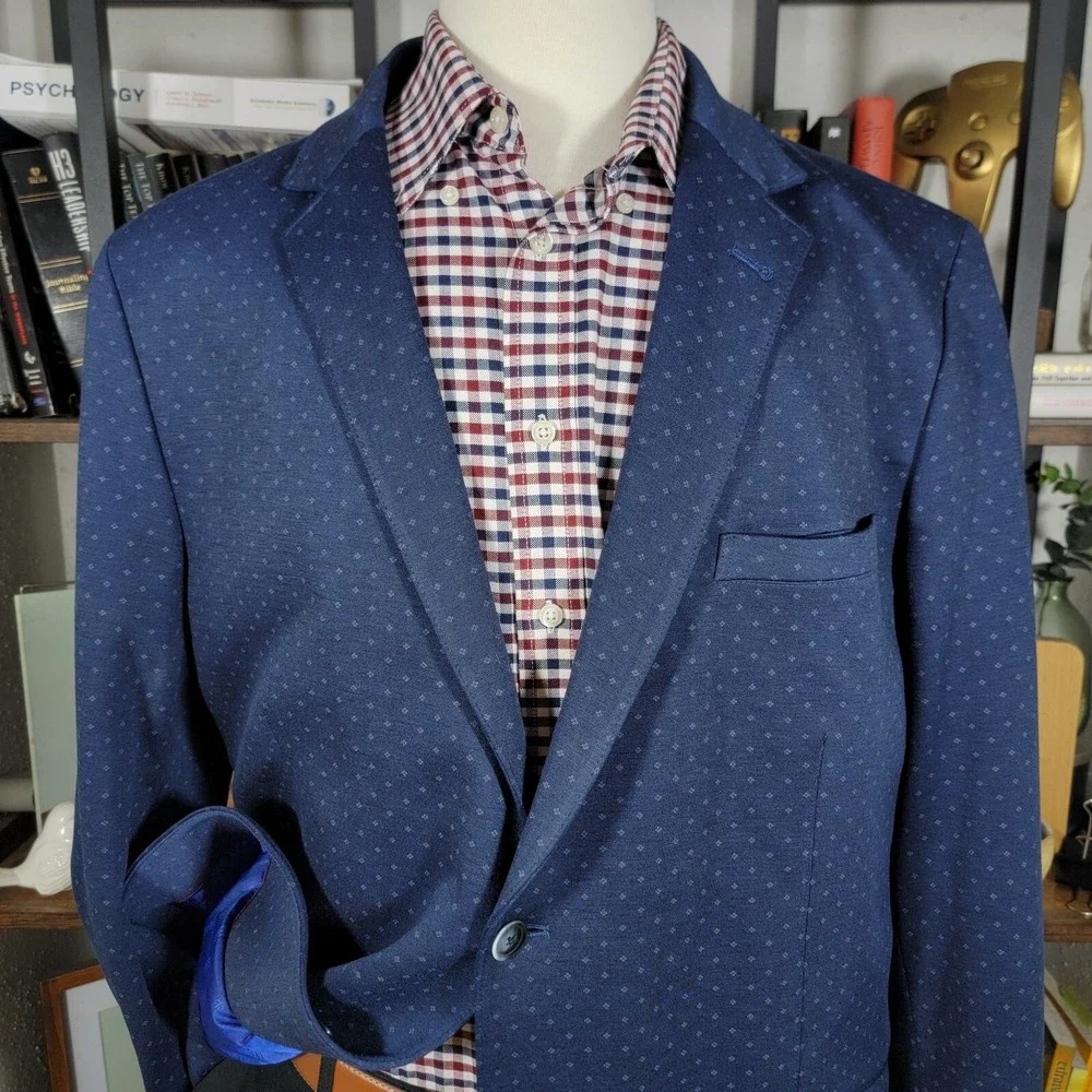Ben Sherman Tailoring Mens Sport Coat Blazer Two Button Navy Blue Poly Blend 48L